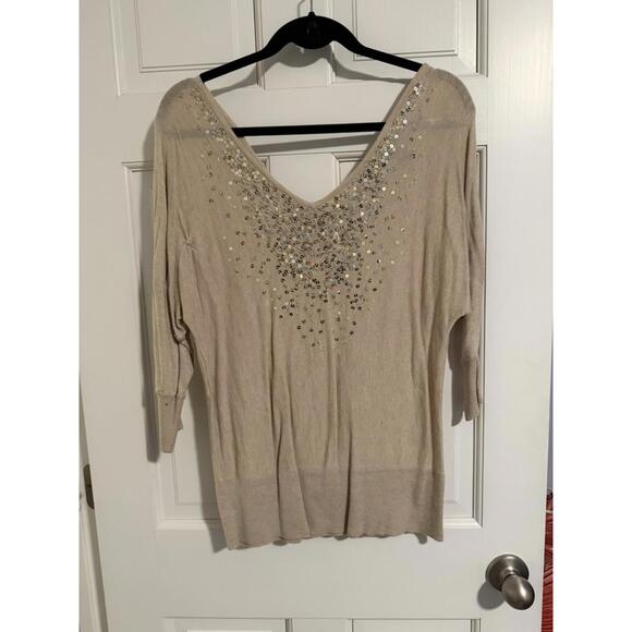 White House Black Market Beige V-Neck Sweater with Sequins L - Picture 4 of 5